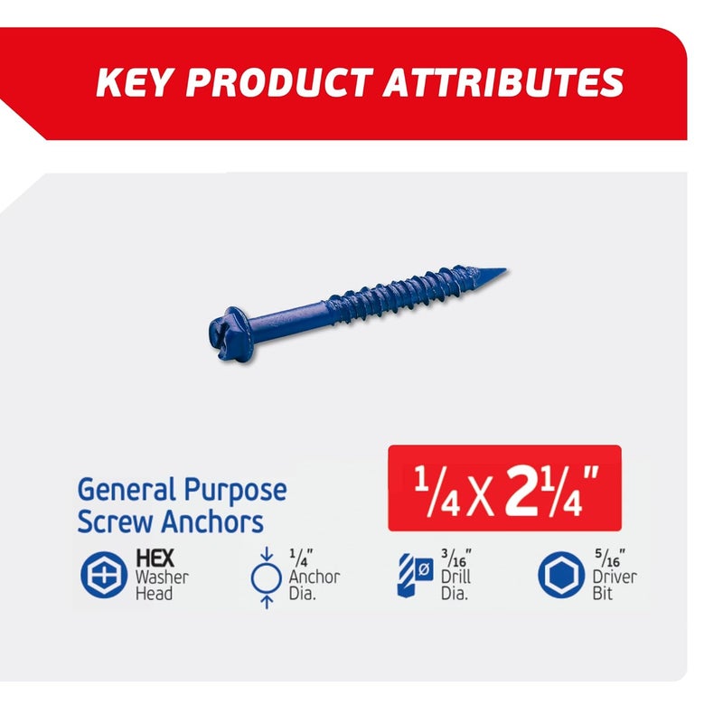 FixMaster 1/4 x 2-1/4" Hex Head Blue Concrete Screw Anchors (100 pcs Screw Kit) with one Screwdriver and Drill Bit for Concrete, Masonry, Block, Brick and Wood Fastening - Image 2